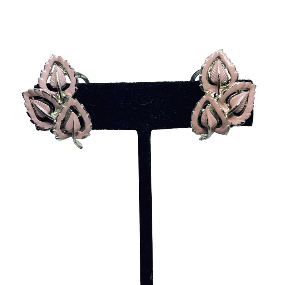 Gold Tone & Pink Enamel Bouquet Brooch W/ Matching Clip On Earrings Set (5750) - Picture 8 of 10